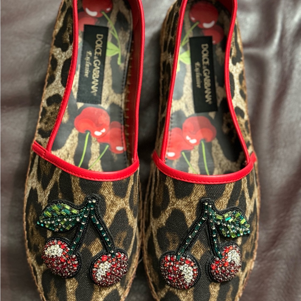 Dolce & Gabbana Women's Leopard-print fabric & Cherry 🍒 Espadrilles Sz.10